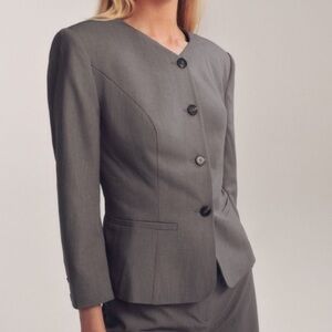 Reformation Luc High V Neck Button Crop Fitted Blazer Jacket Grey Charcoal